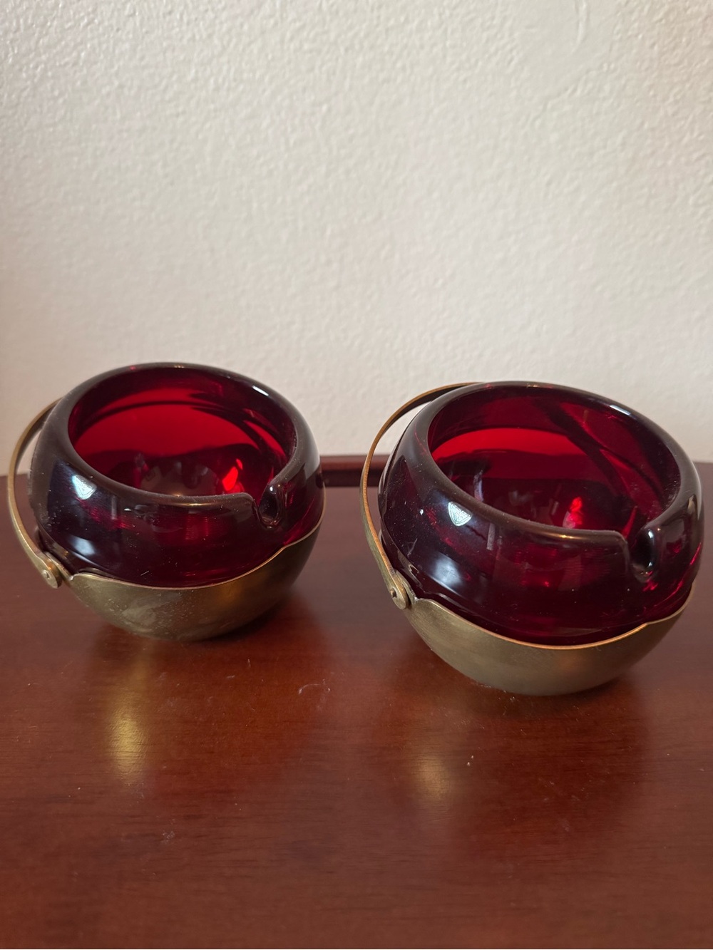Vintage Ruby Red Mid Century Atomic Orb Glass & Brass Ashtray Pair